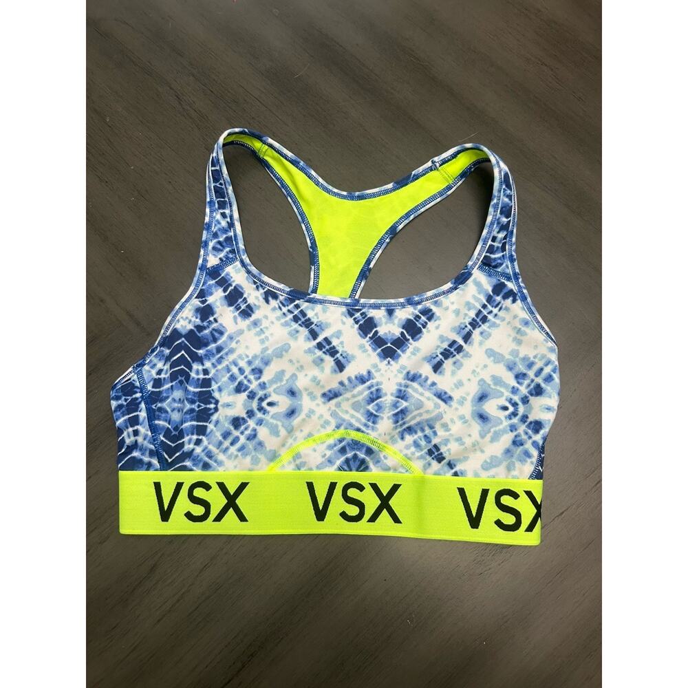 Victorias Secret VSX Sports Bra Medium Blue Tie Dye Neon Yellow Trim Racerback